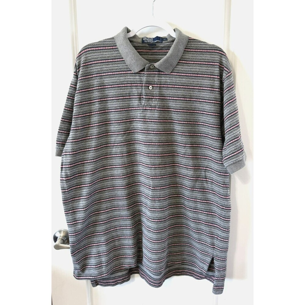 Polo Ralph Lauren Mens XL Polo Shirt Gray Striped Short Sleeve Cotton Pique